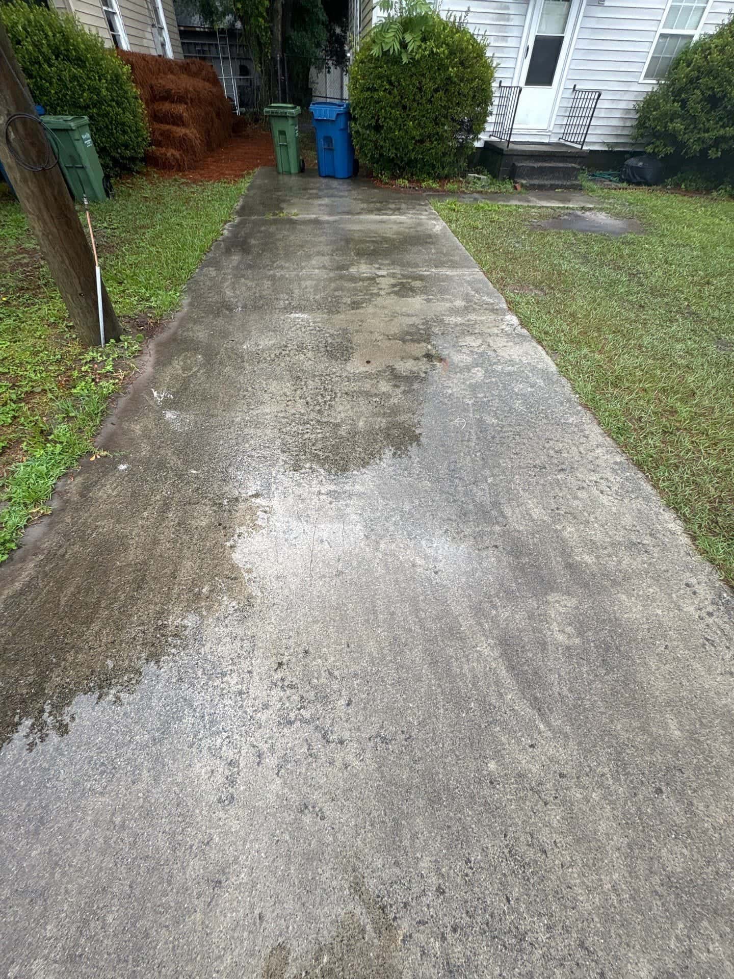 Before: Concrete driveway cleaning before and after in the Wilmington, NC area — dark stains and mold lifted from concrete