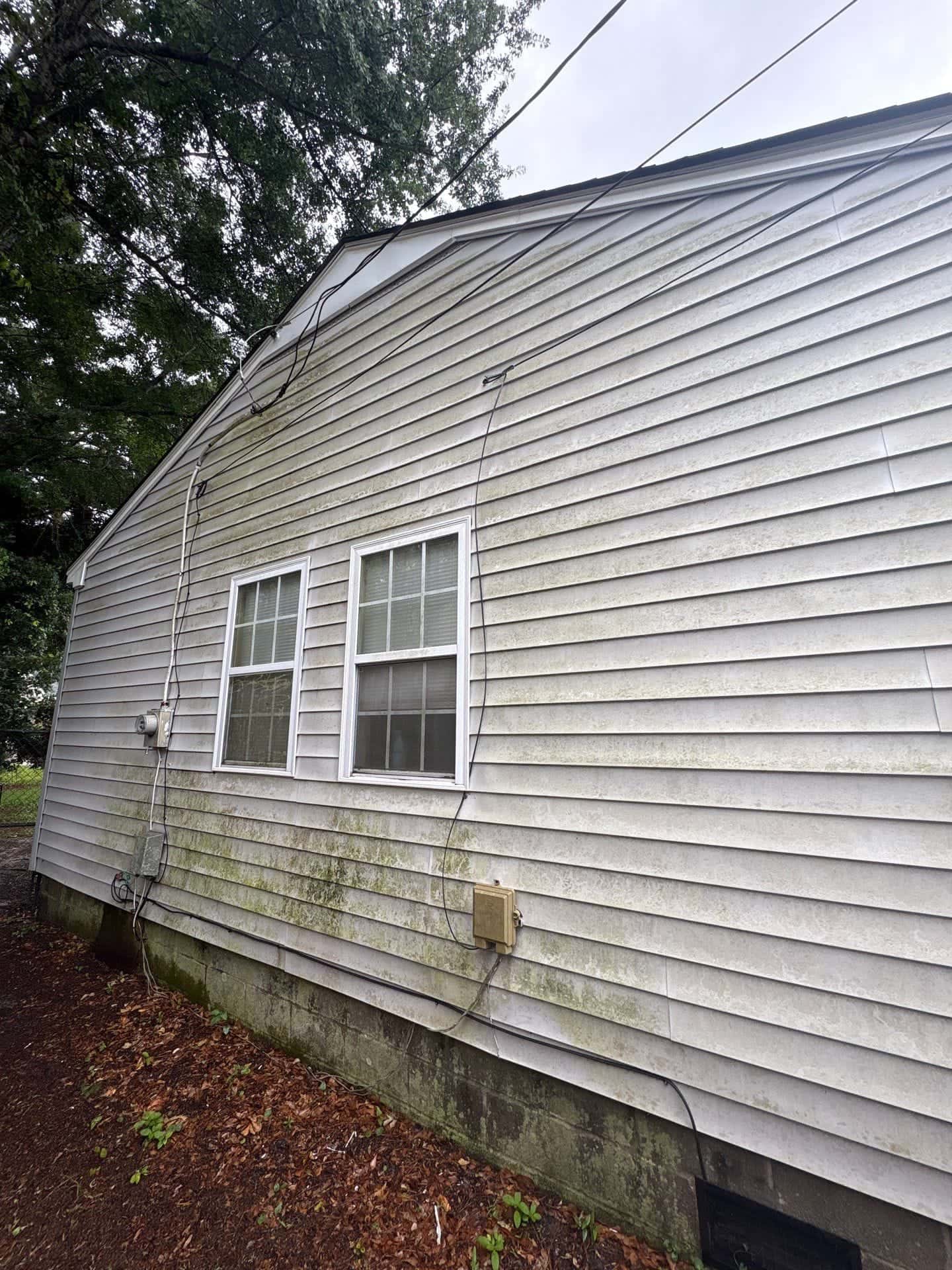 Before: House siding soft washing before and after in the Wilmington, NC area — green algae and grime removed from vinyl siding
